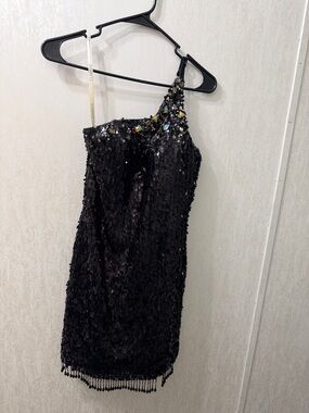 Clarisse Black One-Shoulder Sequin Dress with Jewel Accents